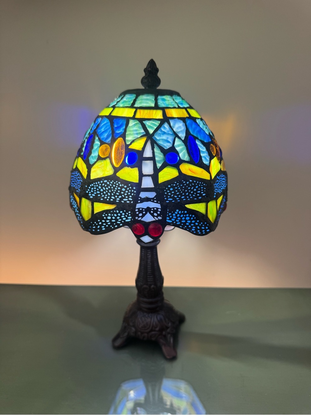 Stained Glass Dragonfly Table Lamp in Blue, Yellow & Green